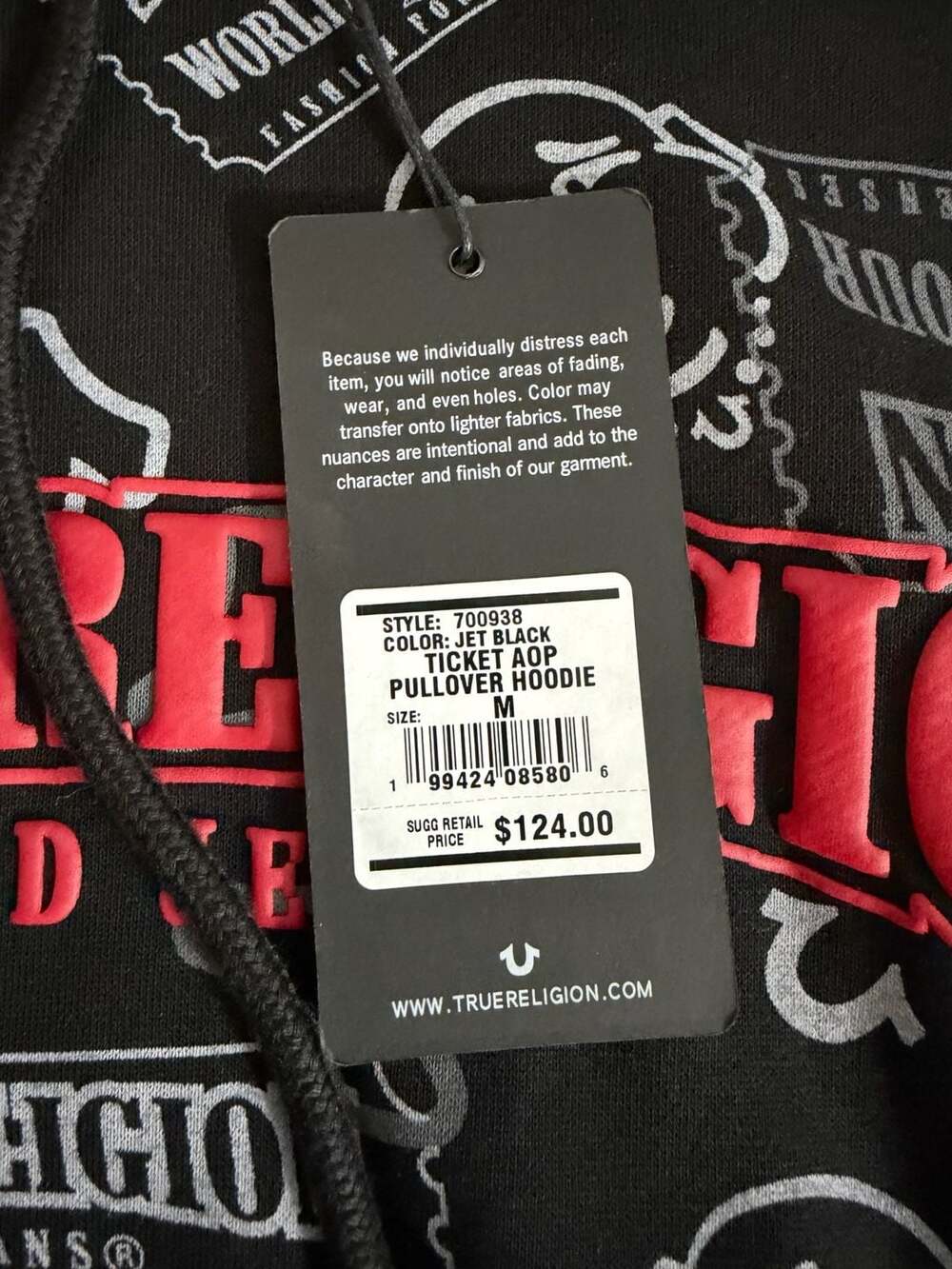 True Religion Ticket AOP Pullover Hoodie Jet Black Size Medium - Picture 2 of 4